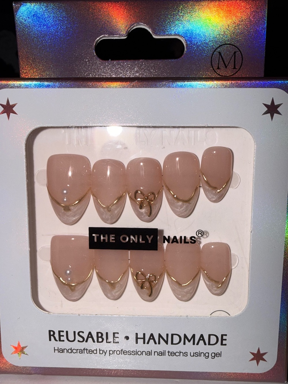 The Only Nails Nude Gold-Trim with Bow Accents Reusable Handmade Press-On Set